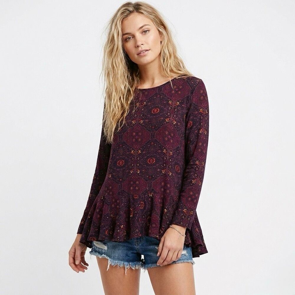 Altard State Boho Geometric Open Back Cutout Long Sleeve Indie Tunic Top Small